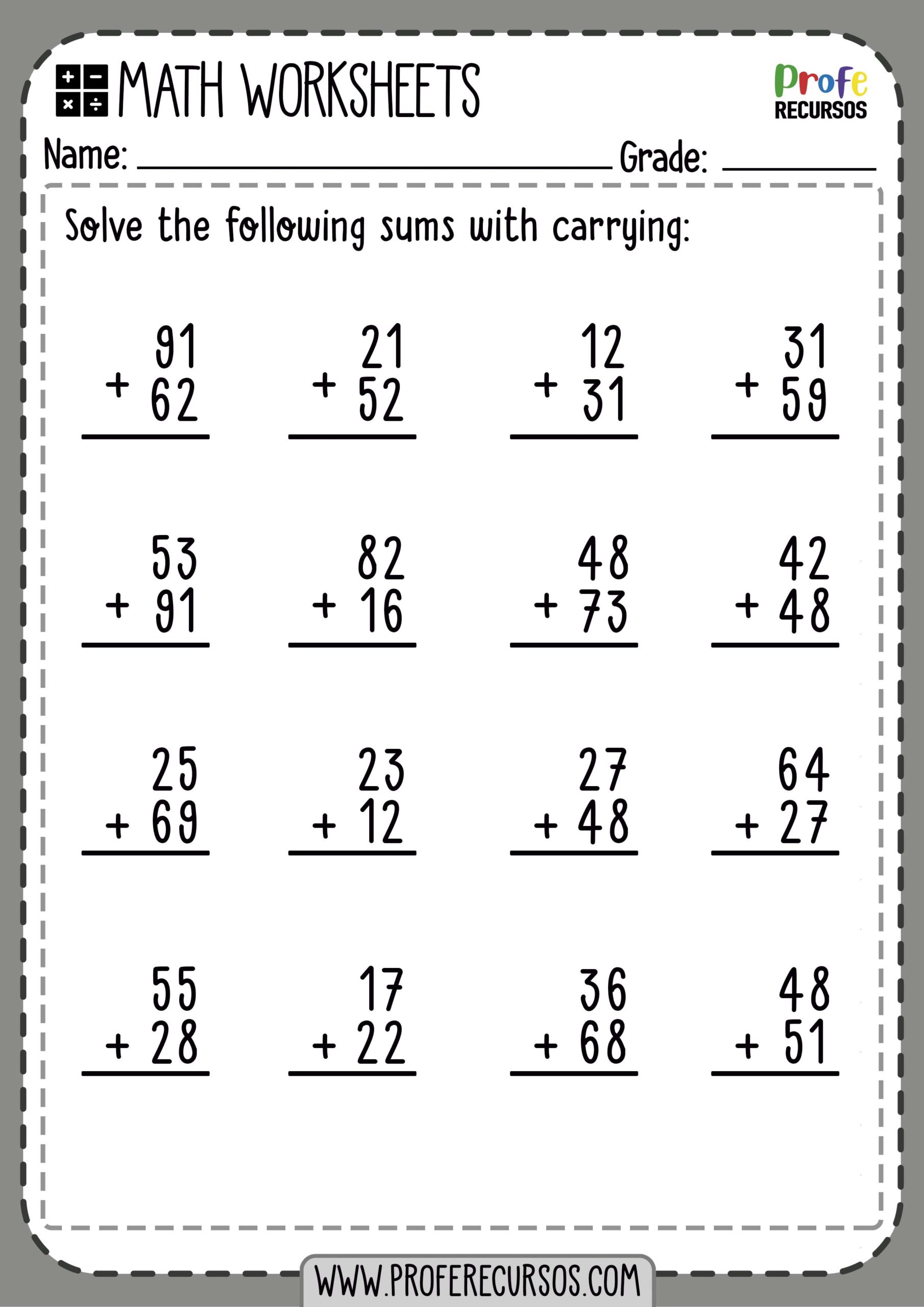 Addition With Carry Over Worksheets For Grade 1 And 2 Profe Recursos