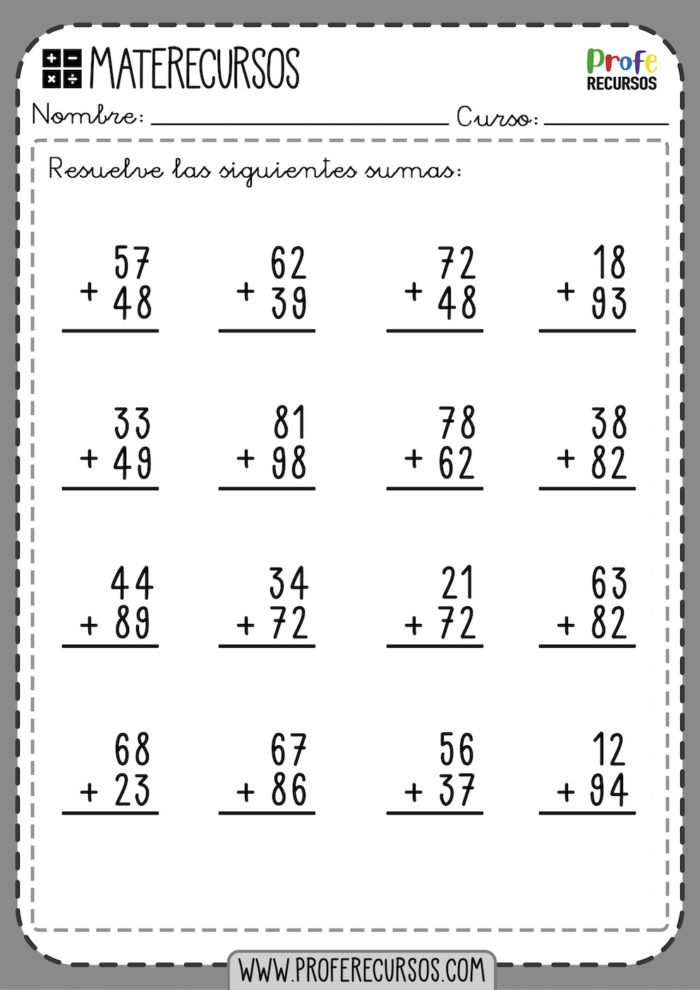 FICHAS de SUMAS de 2 dígitos CON LLEVADAS Ejercicios Matemáticas