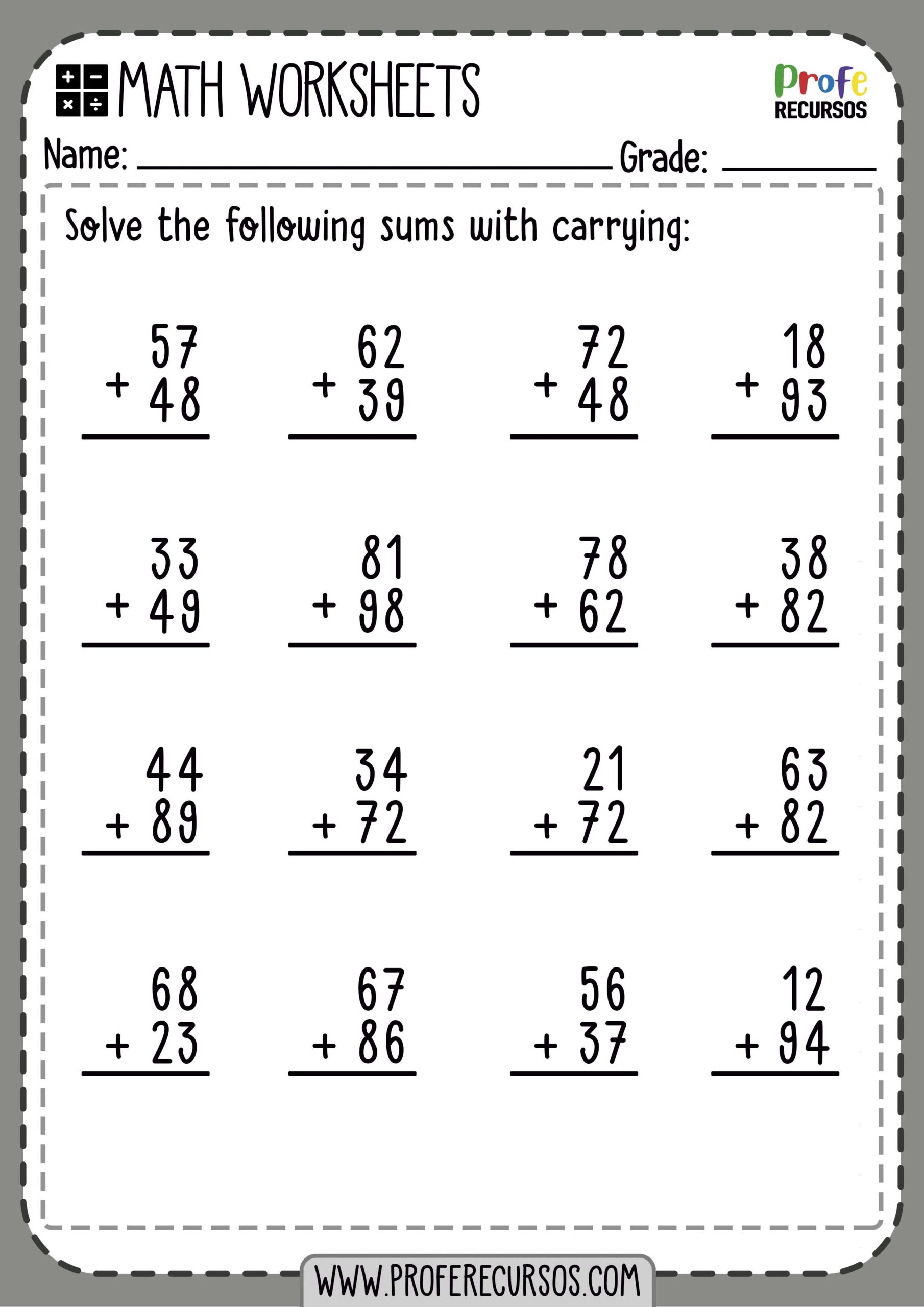 2 Digit Addition With Carrying Math Worksheets