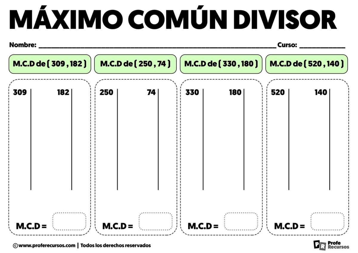 Fichas De Ejercicios De Máximo Común Divisor (MCD)