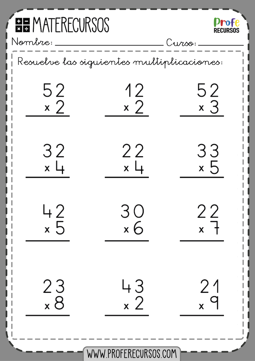 Multiplicaciones De 1 Cifra Por 2 Cifras