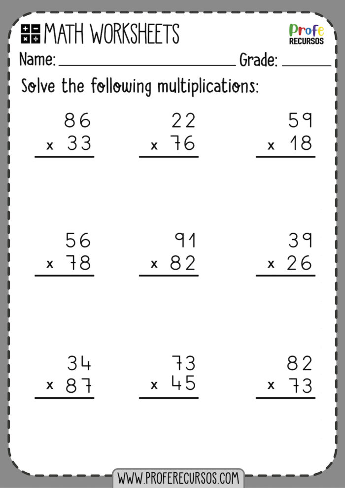 2 Digit Multiplication Facts Free Printable Worksheets